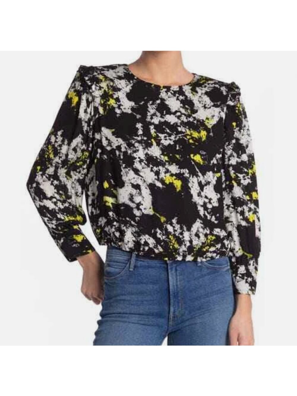 Alice + Olivia Jos Puff Sleeve Cropped Blouse Top Divine Opal Black Yellow  M